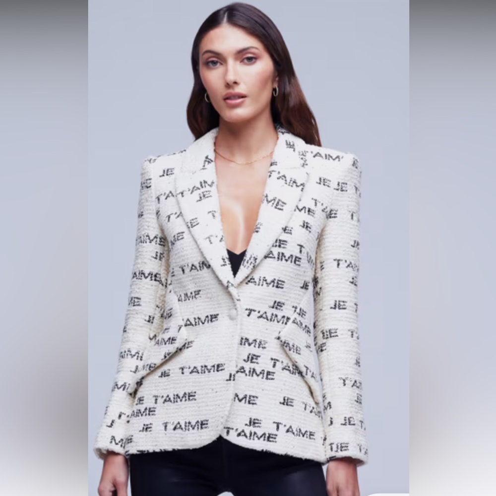 NWT L’AGENCE Chamberlain Tweed Blazer Ivory Black Je T’aime Size 2 - Rare Print!